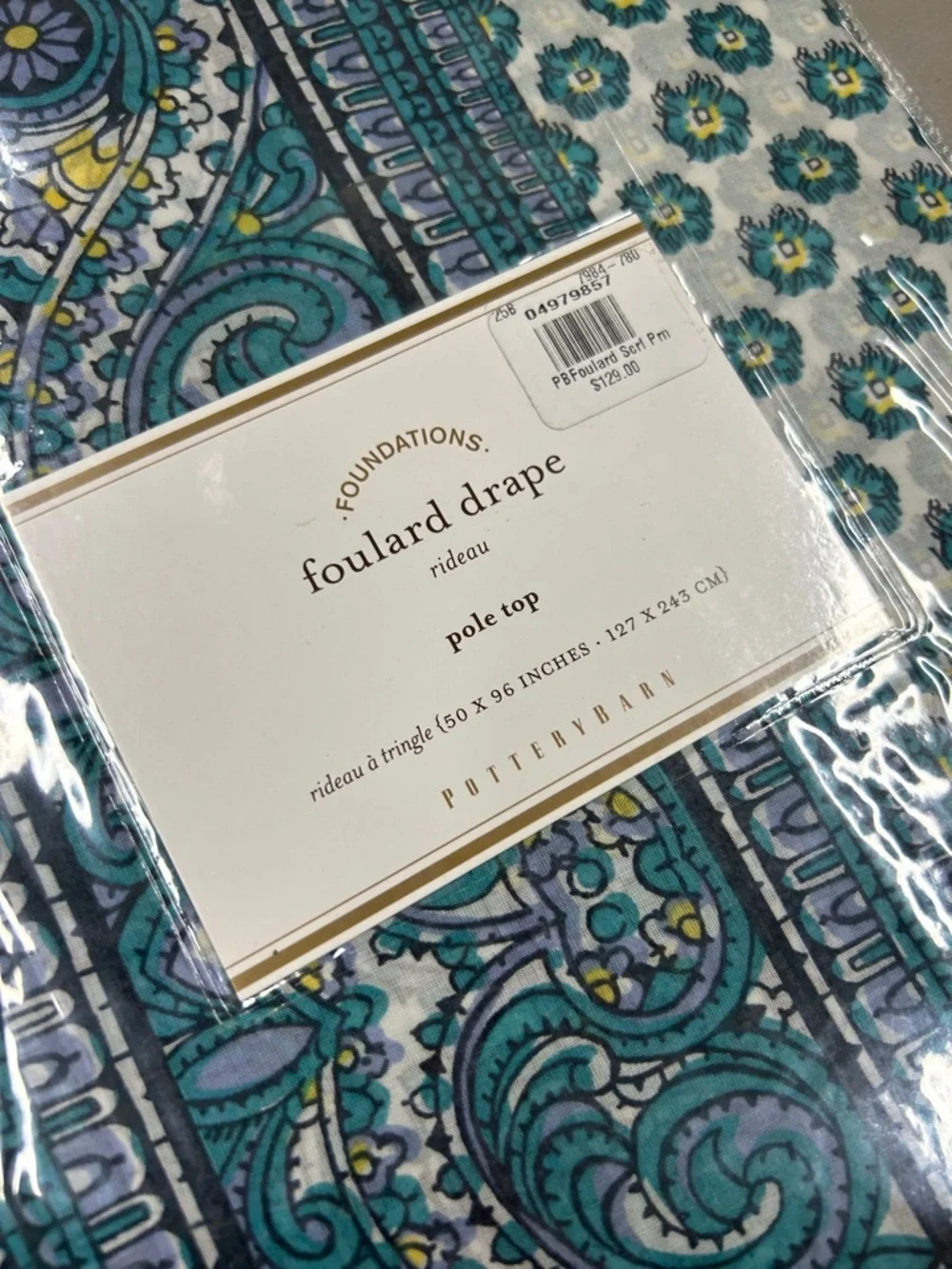 Pottery Barn Foulard Window Curtain Drape Blue Paisley Floral Pole Top 50